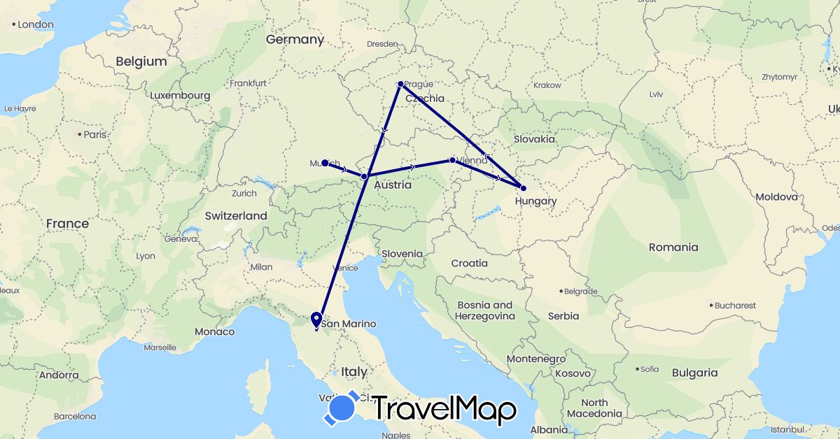 TravelMap itinerary: driving in Austria, Czech Republic, Germany, Hungary, Italy (Europe)